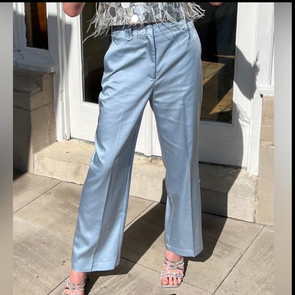 Zara Wide Leg Satin Look Light Blue Dress Pants Size Large